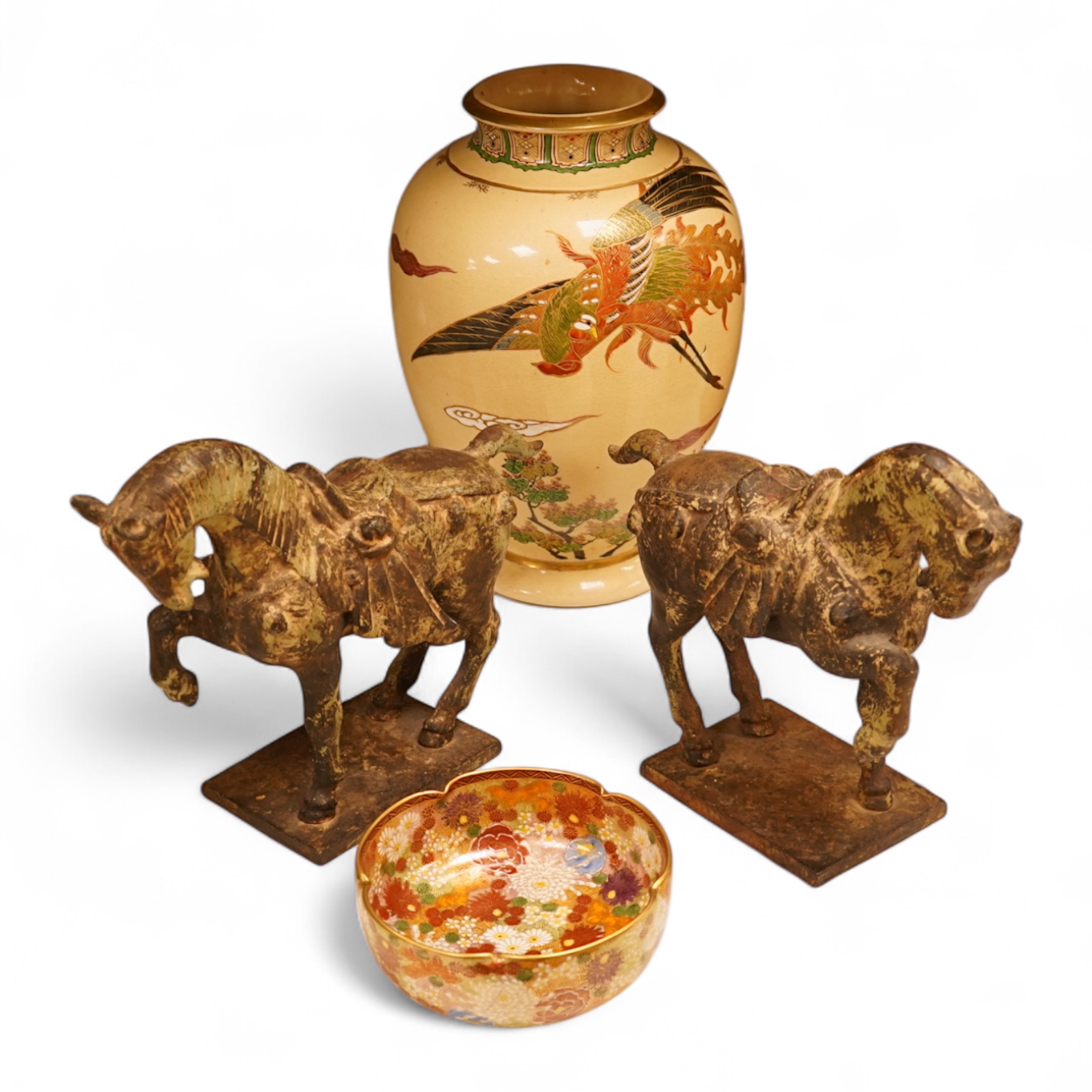 A pair of Chinese bronze horses, a Japanese Satsuma bowl and similar vase, vase 33cm high.